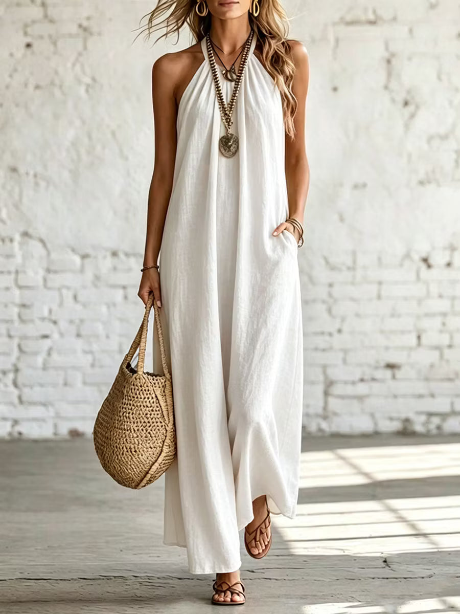 Casual Women's Dress, Loose, Sleeveless, Halter Neck, in Linen and Cotton