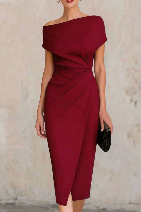 Elegant Short-sleeved Slim-fit Pleated Midi Dress