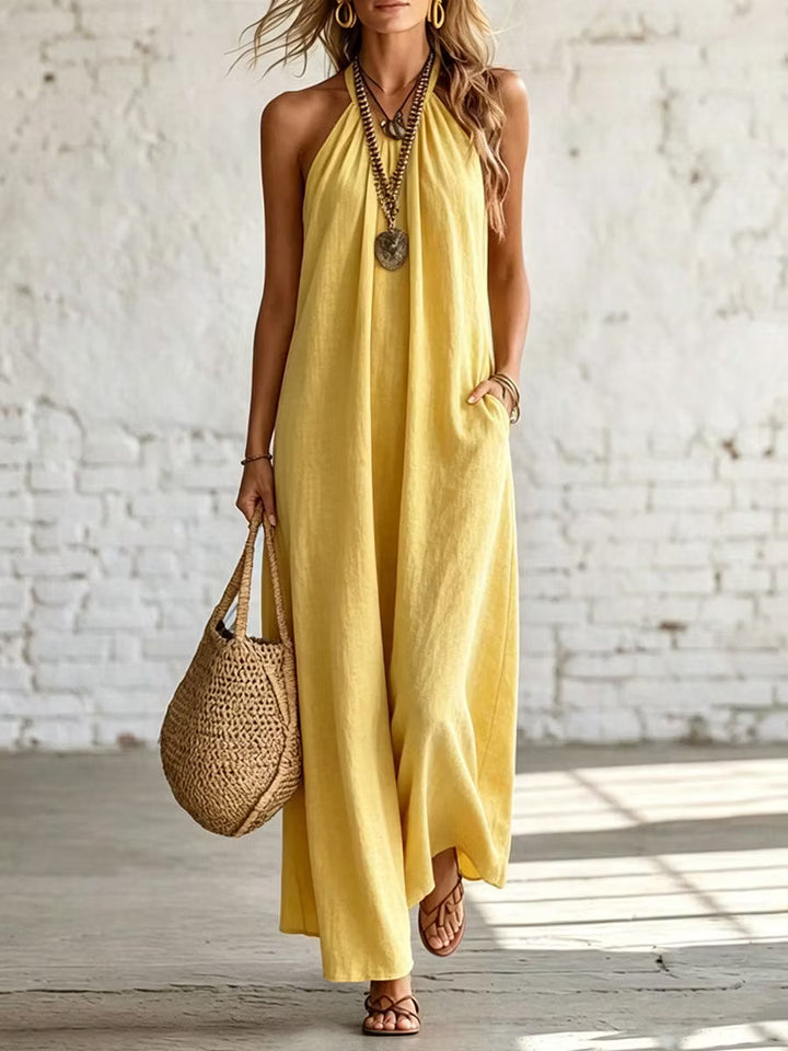 Casual Women's Dress, Loose, Sleeveless, Halter Neck, in Linen and Cotton