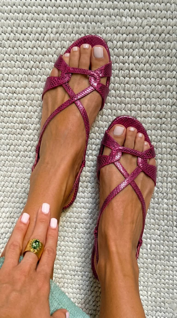 Low Bronze Snake Effect Slingback Sandals with Open Toe