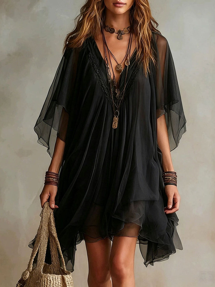 Green Chiffon V-neck Layered Flowy Mini Dress