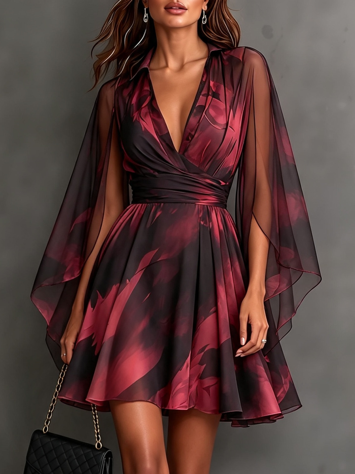Black Burgundy Abstract Floral Chiffon Cape Sleeve Surplice V-Neck Mini Party Dress