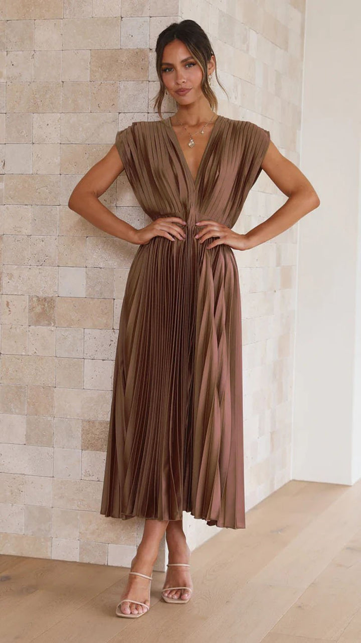 Elegant Satin Pleated V-neck Flowing Midi Dress