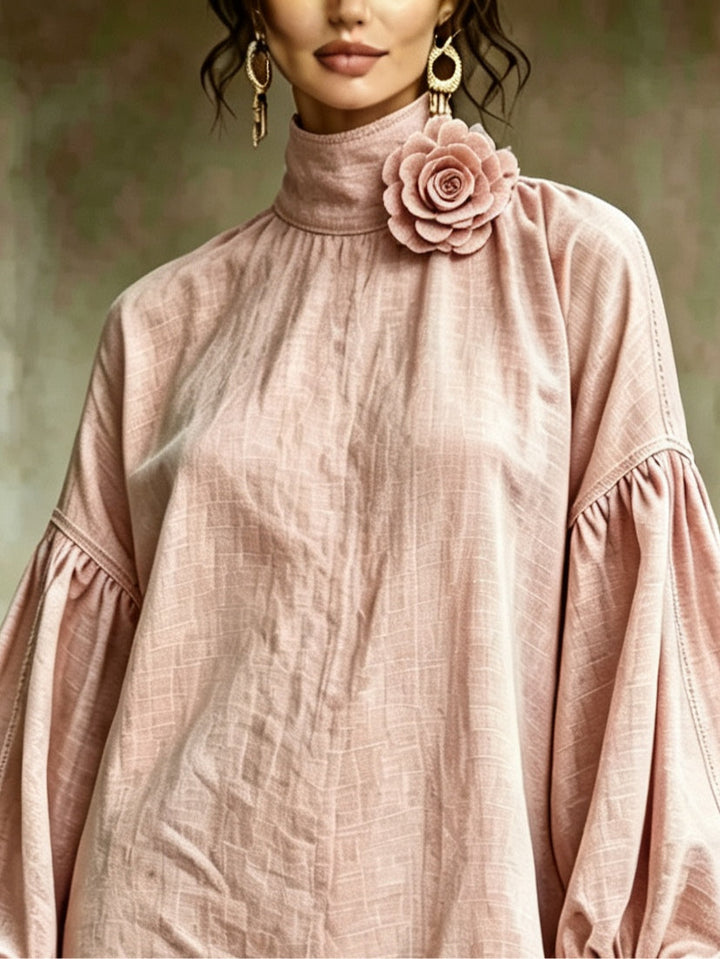 Pink 3D floral high-neck lantern-sleeve mini dress