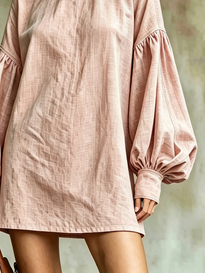 Pink 3D floral high-neck lantern-sleeve mini dress