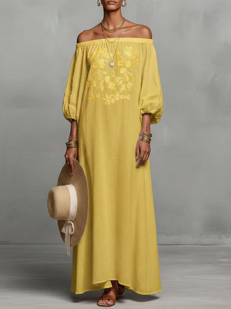 Casual women's linen dress with long sleeves and round neck.