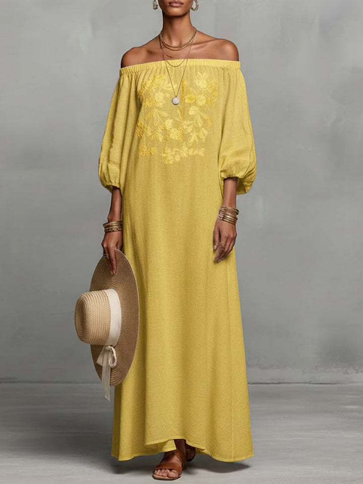 Casual women's linen dress with long sleeves and round neck.