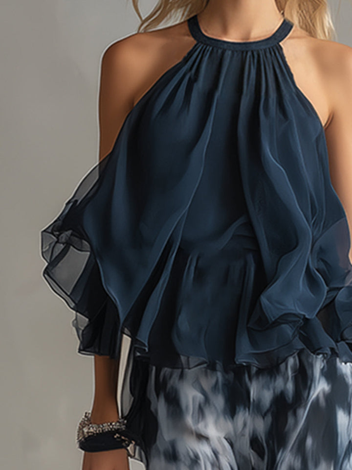 Ludovica - Chiffon set consisting of a high-neck top and wide printed pants