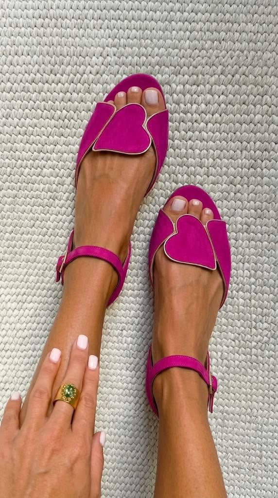 Open-Toe Pink Sandals with Ankle Straps and Heart Pattern