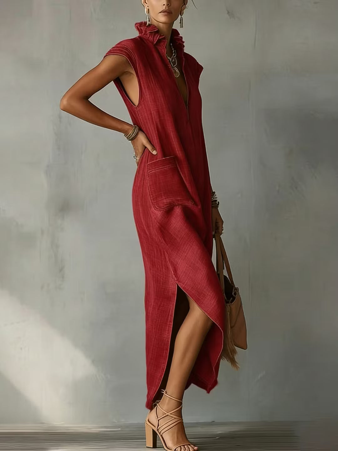 Women's midi dress in cotton and linen with frilled collar – Elegant dress for summer