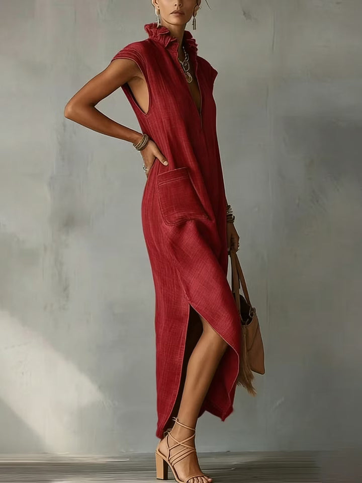 Women's midi dress in cotton and linen with frilled collar – Elegant dress for summer