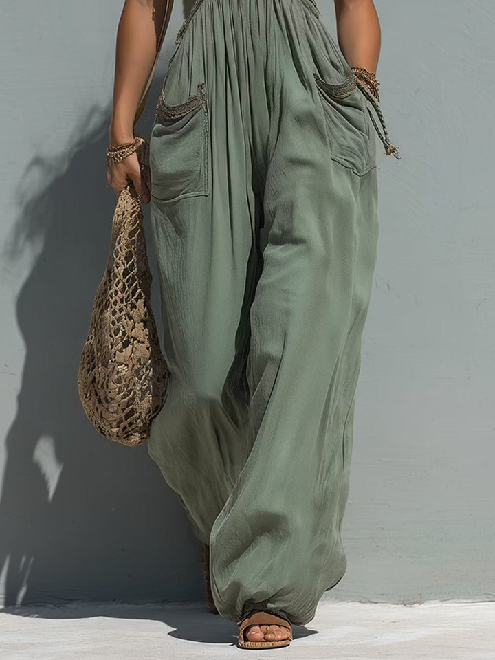Boho Wide-Leg Jumpsuit with Lace Details and Applied Pockets