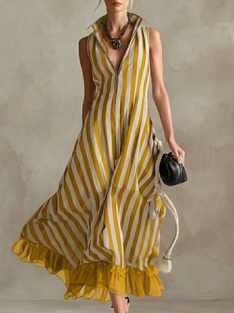 Modern sleeveless striped chiffon dress with patchwork, made of linen and cotton.