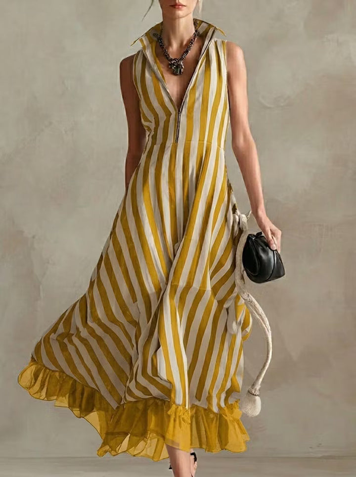 Modern sleeveless striped chiffon dress with patchwork, made of linen and cotton.
