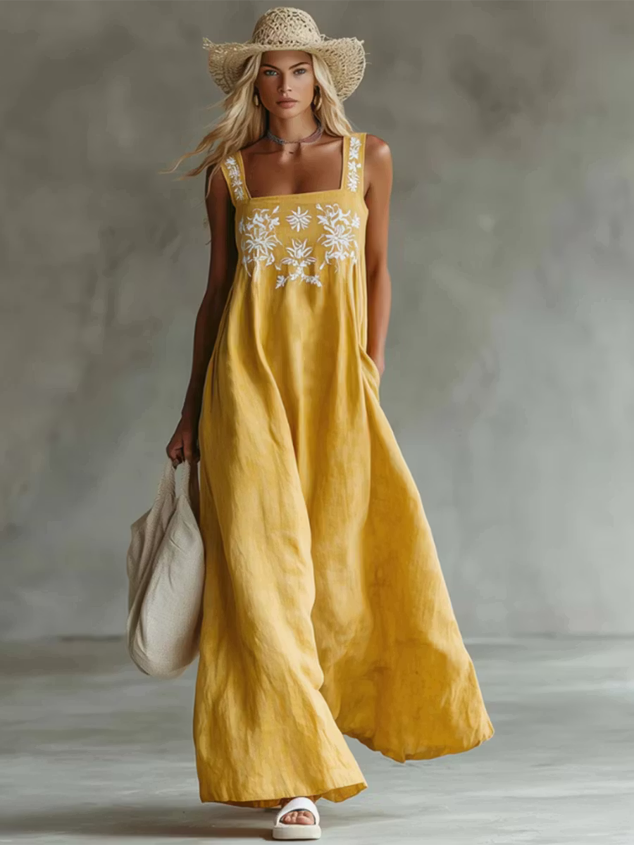 Casual Bohemian Dress with Floral Print in Cotton and Linen