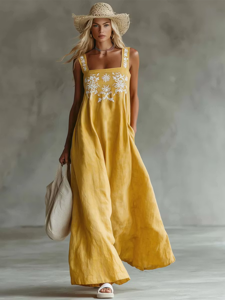 Casual Bohemian Dress with Floral Print in Cotton and Linen