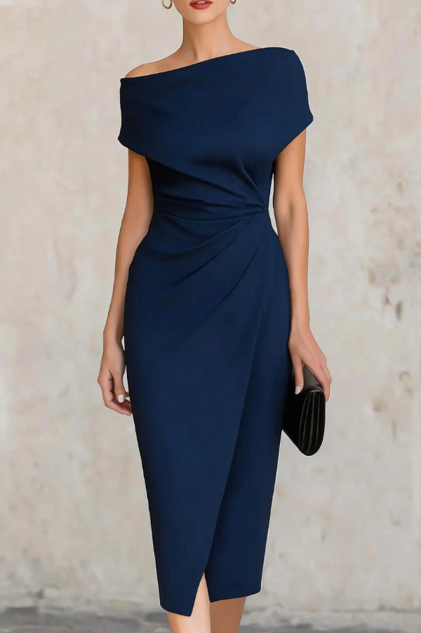 Elegant Short-sleeved Slim-fit Pleated Midi Dress