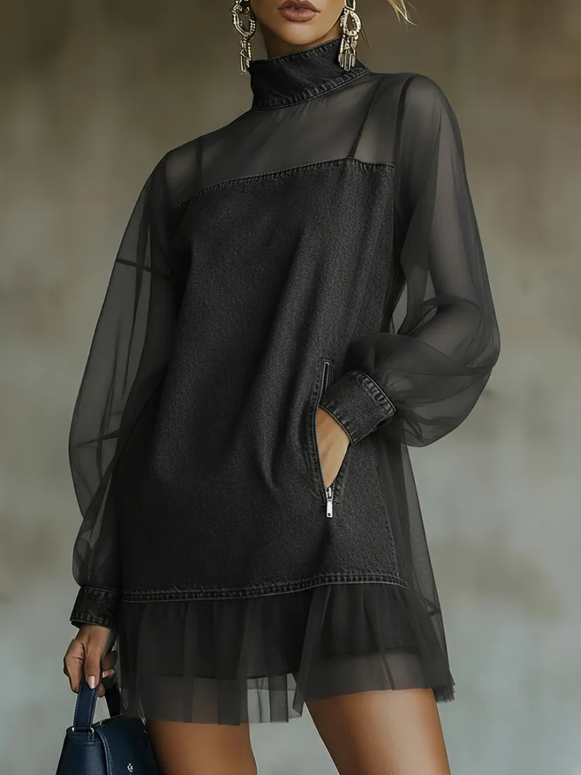 Denim Stand Collar Loose Long Sleeve Mini Dress