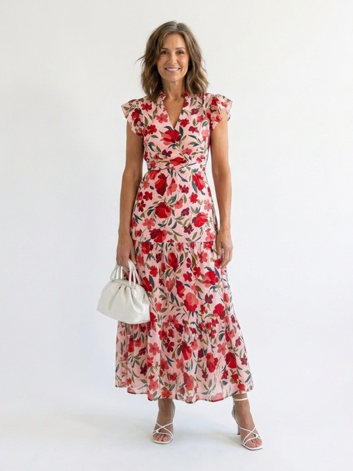 Lilac Floral Print Flared Midi Dress