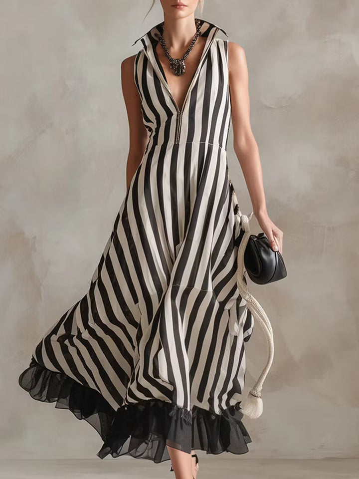 Modern sleeveless striped chiffon dress with patchwork, made of linen and cotton.