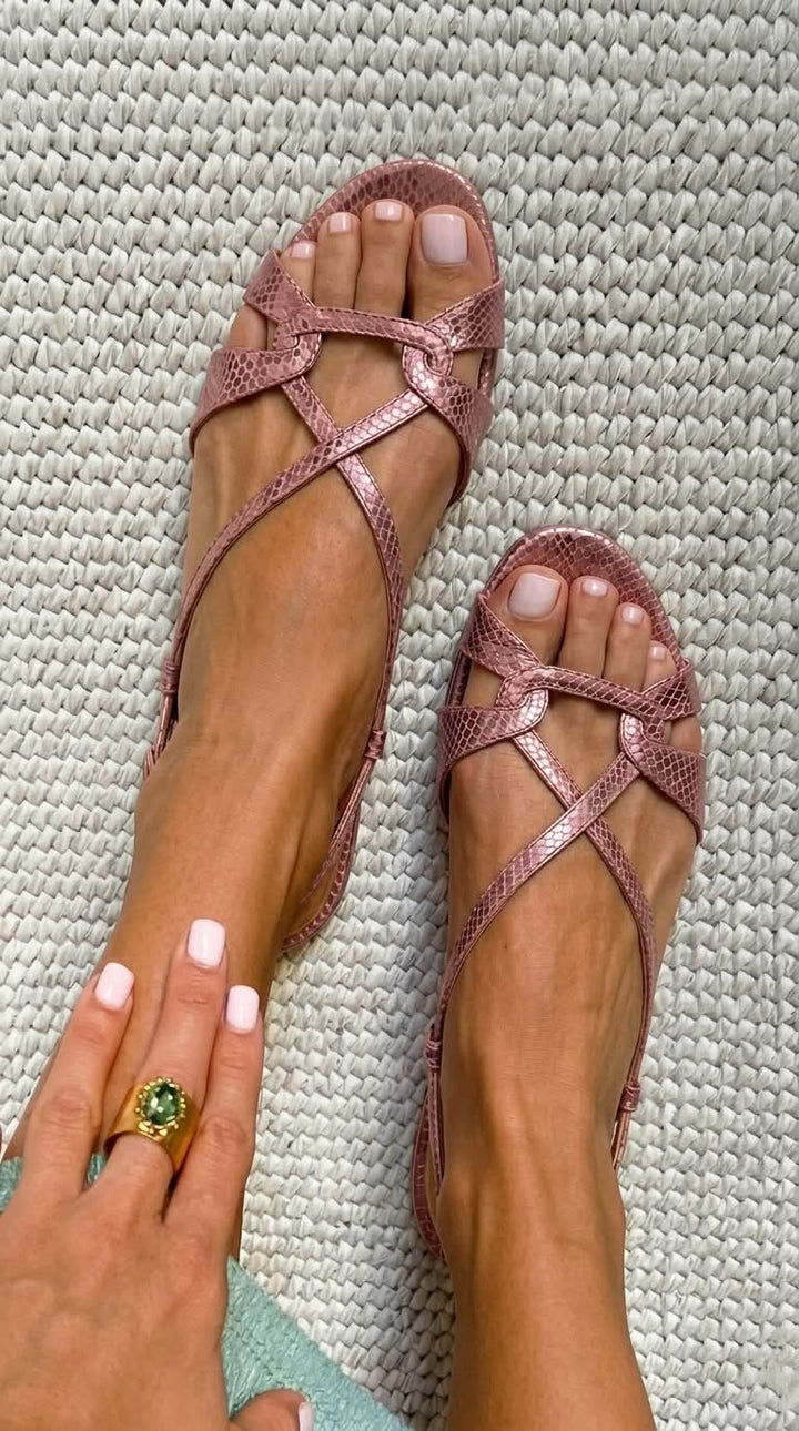 Low Bronze Snake Effect Slingback Sandals with Open Toe