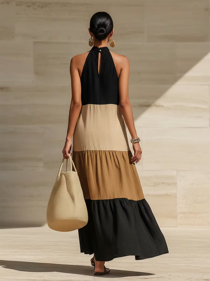 Elegant long dress with artistic color blocks