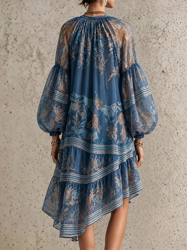 Vintage elegant printed long-sleeve loose mini dress