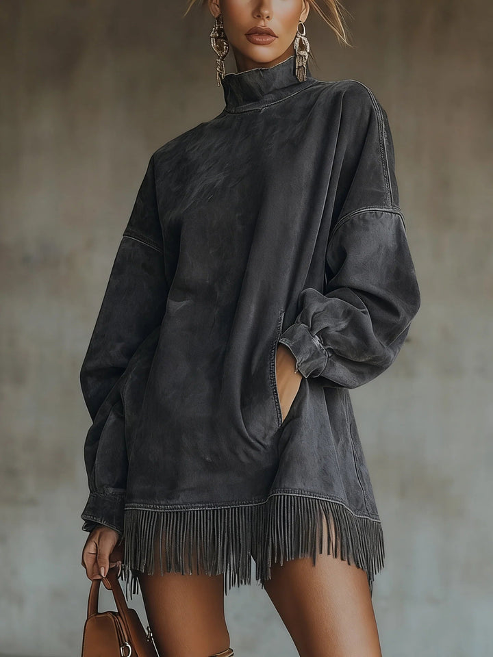 Faux Suede Turtleneck Dress With Fringe Hem