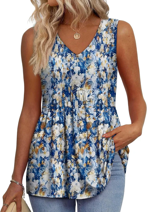 Mary™ | Sleeveless V-neck Peplum Top with Print
