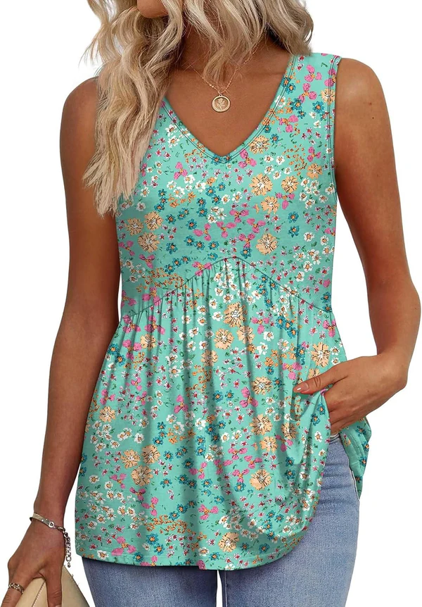Mary™ | Sleeveless V-neck Peplum Top with Print