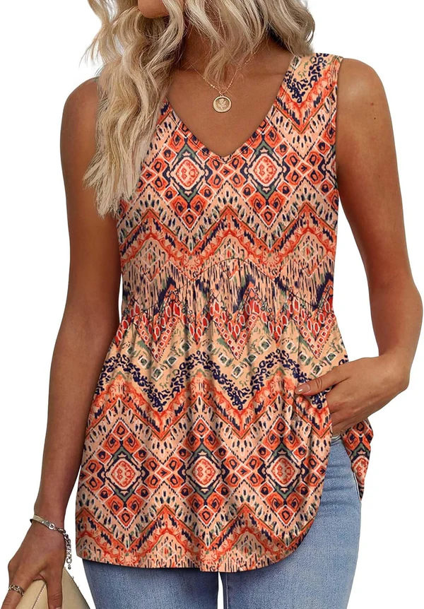 Mary™ | Sleeveless V-neck Peplum Top with Print