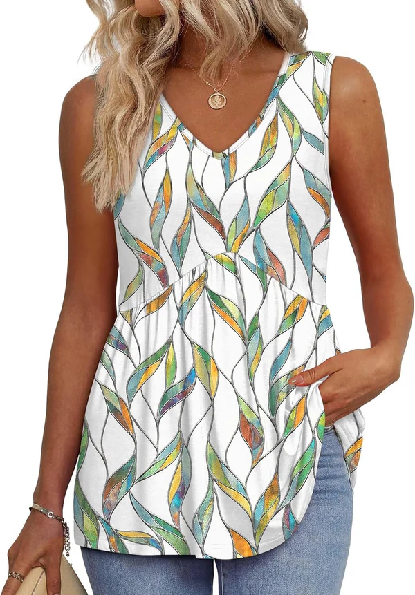 Mary™ | Sleeveless V-neck Peplum Top with Print