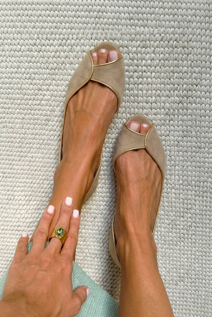 Open Toe D'Orsay Ballet Flats in Beige Suede and Gold