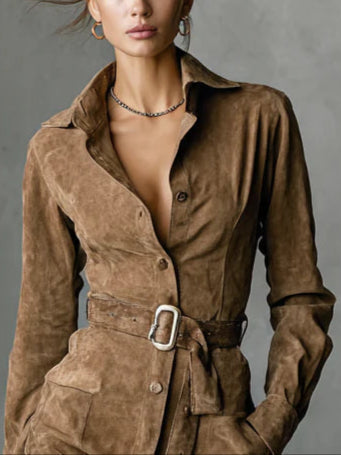 Suede Single Breasted Lapel Long Sleeve Midi Dress (Belt not included)