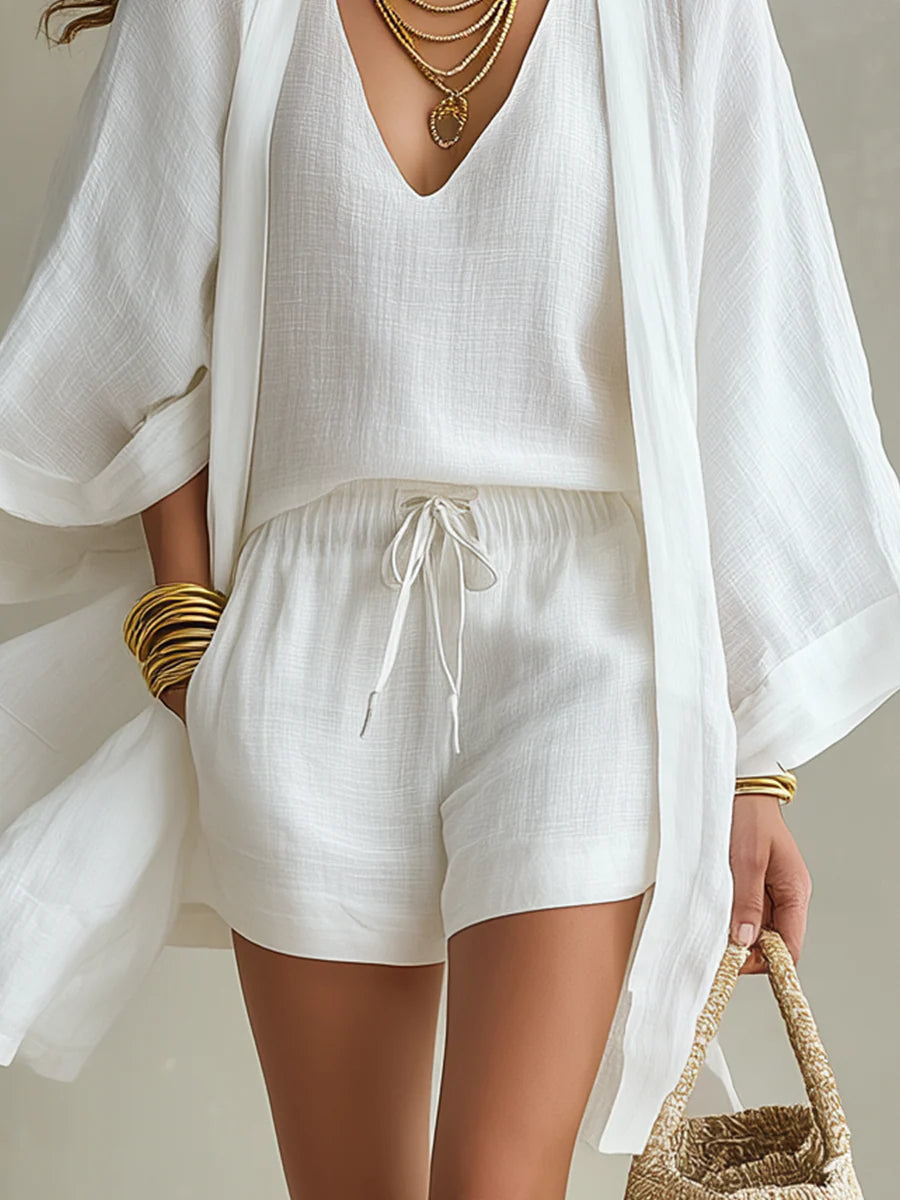 Camila | Three-Piece Cardigan and Shorts Set in Polyester-Linen