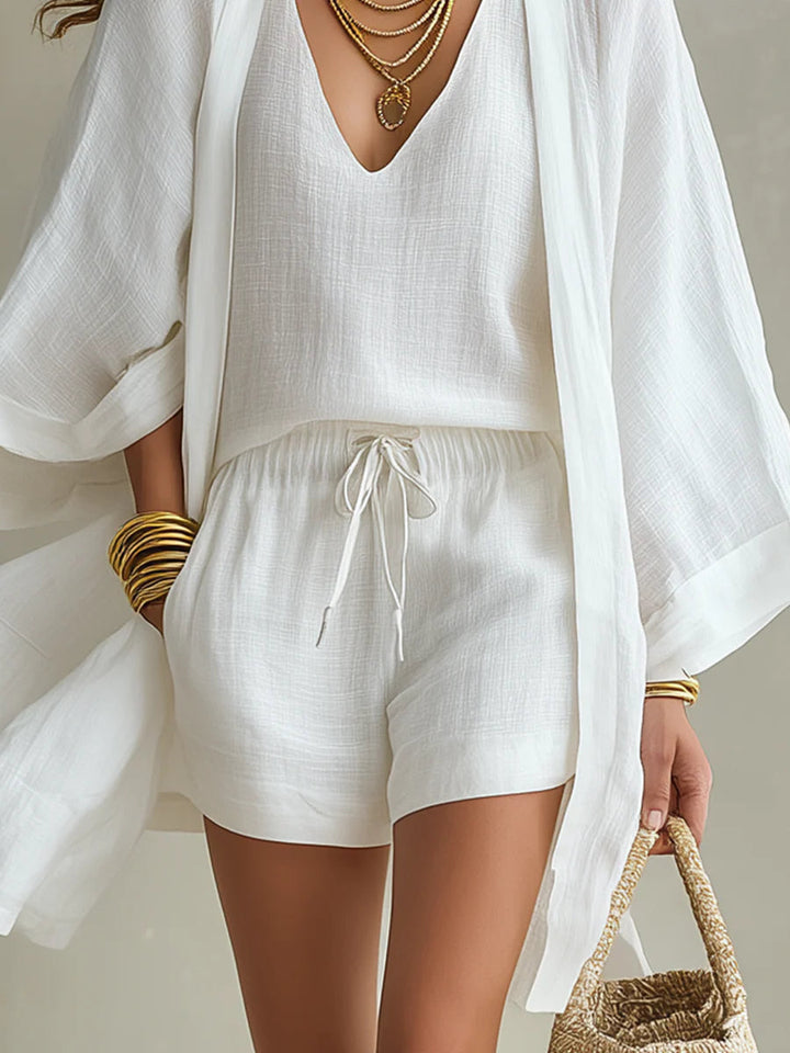 Camila | Three-Piece Cardigan and Shorts Set in Polyester-Linen