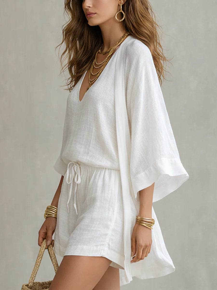 Camila | Three-Piece Cardigan and Shorts Set in Polyester-Linen