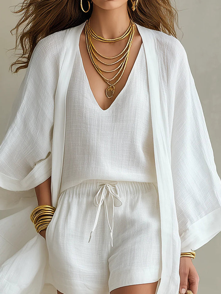 Camila | Three-Piece Cardigan and Shorts Set in Polyester-Linen