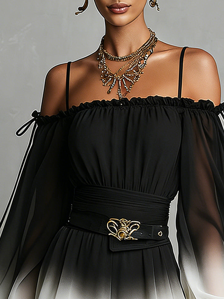 Black And White Gradient Off-shoulder Gradient Chiffon Jumpsuit (with belt)
