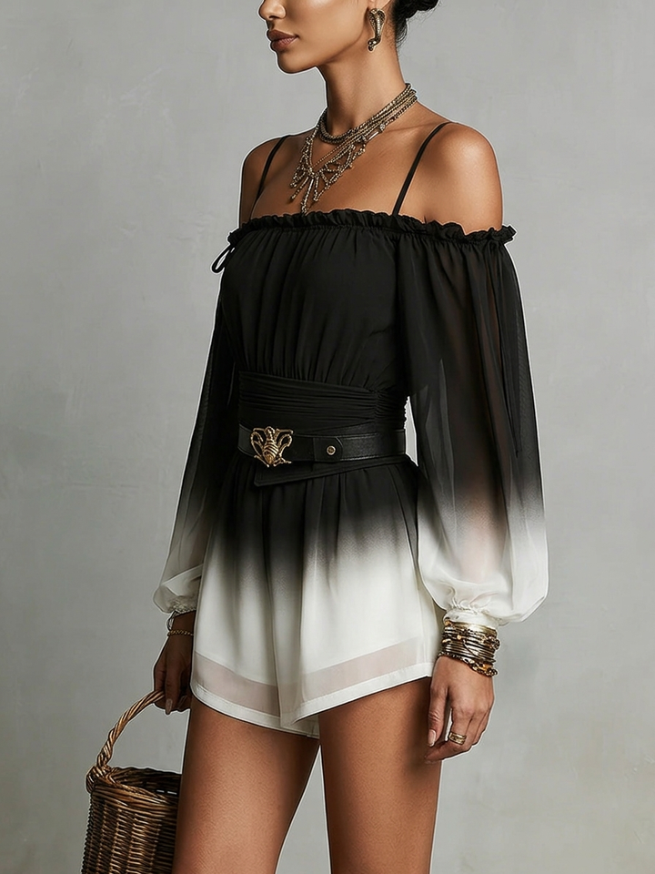 Black And White Gradient Off-shoulder Gradient Chiffon Jumpsuit (with belt)