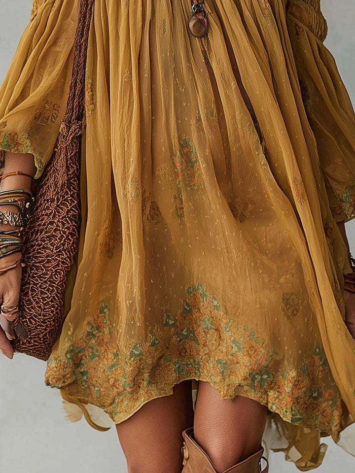 Yellow Chiffon Floral Off Shoulder Mini Dress