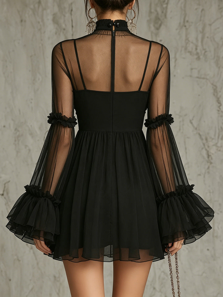 Black Sheer Floral Appliqué High Neck Pleated Chiffon Mini Dress