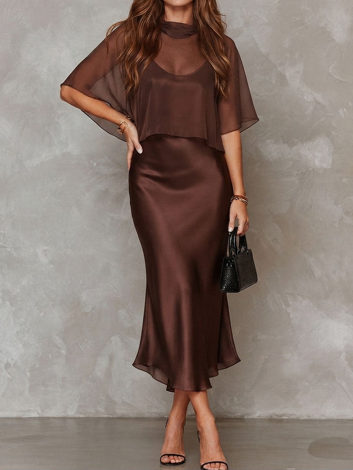Brown Chiffon Blouse And Satin Midi Dress Two-piece Set