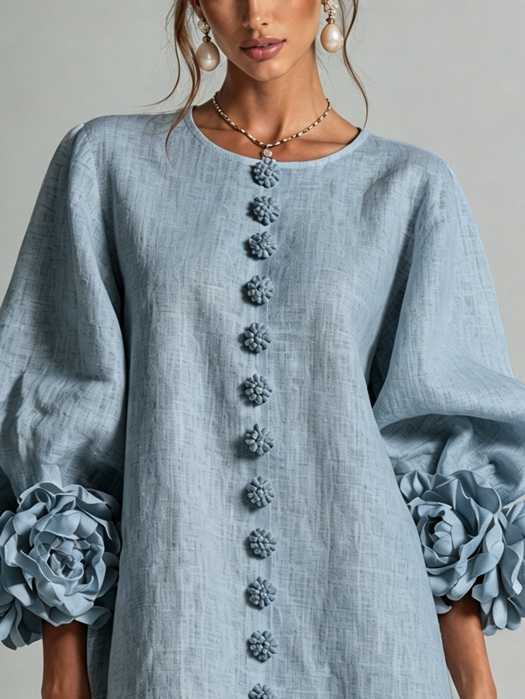 Dusty Blue Floral Button-down Mini Dress With Striking Floral Cuffs