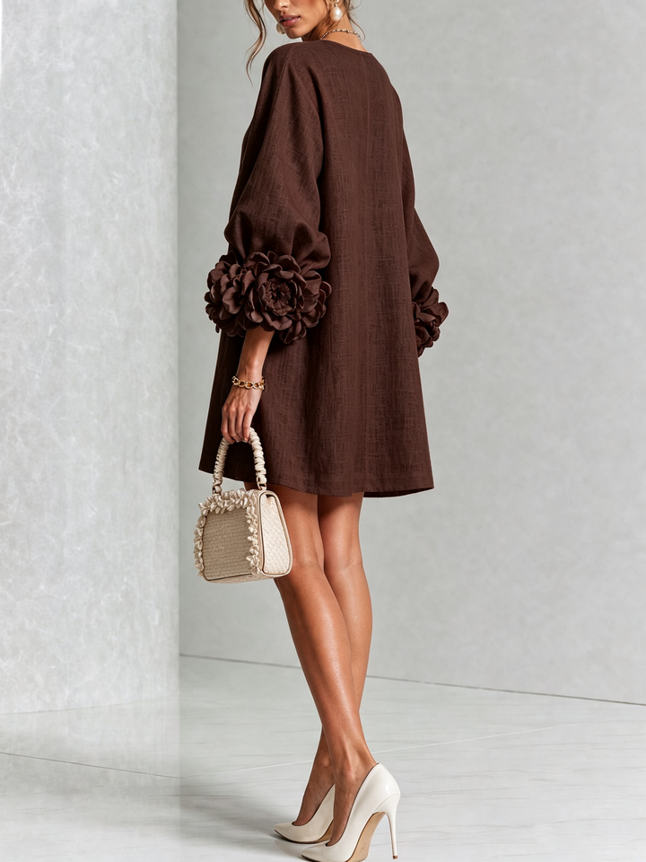 Chocolate Brown Floral Button-down Mini Dress With Striking Floral Cuffs