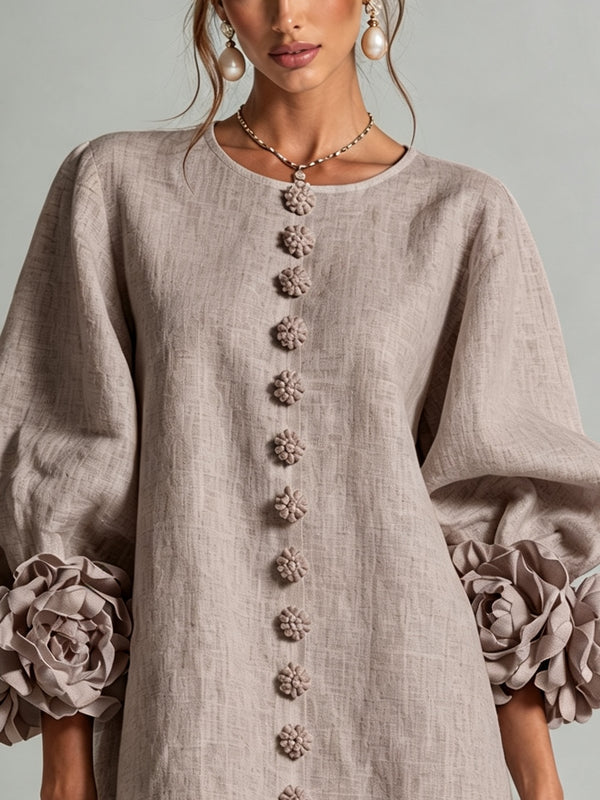 Mushroom Taupe Floral Button-down Mini Dress With Striking Floral Cuffs