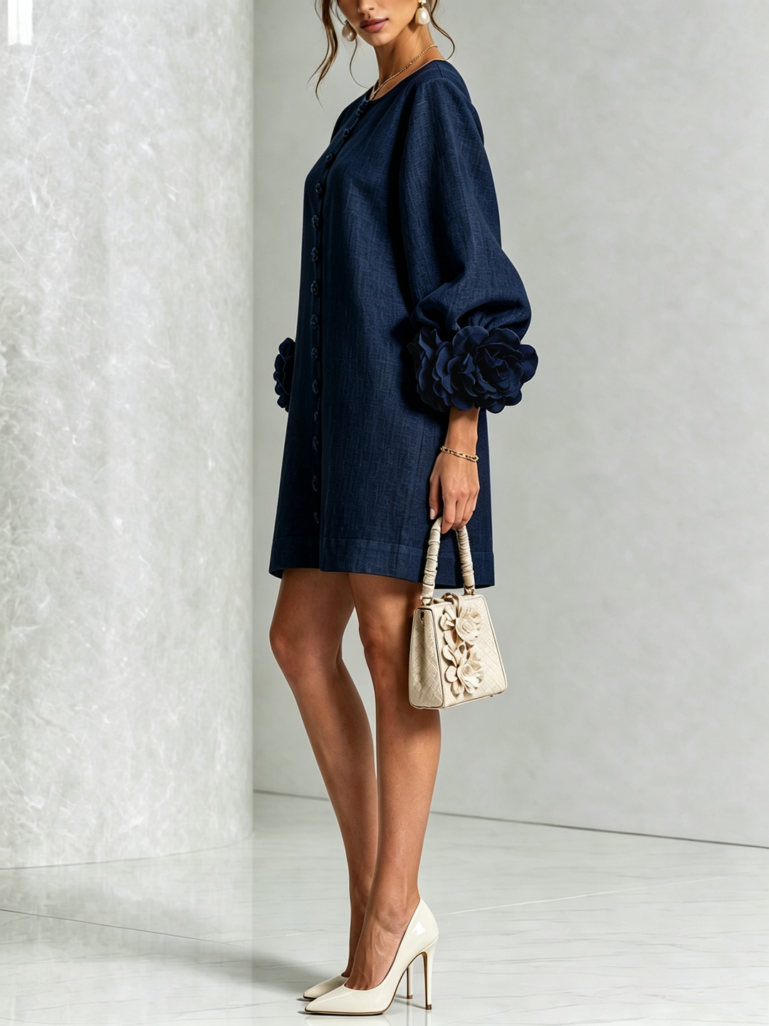 Navy Floral Button-down Mini Dress With Striking Floral Cuffs