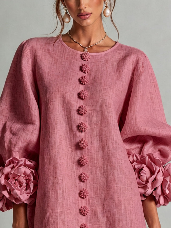 Vintage Rose Floral Button-down Mini Dress With Striking Floral Cuffs