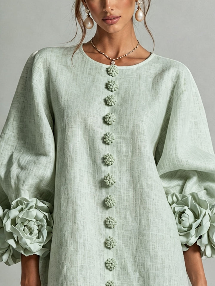 Sage Mist Floral Button-down Mini Dress With Striking Floral Cuffs