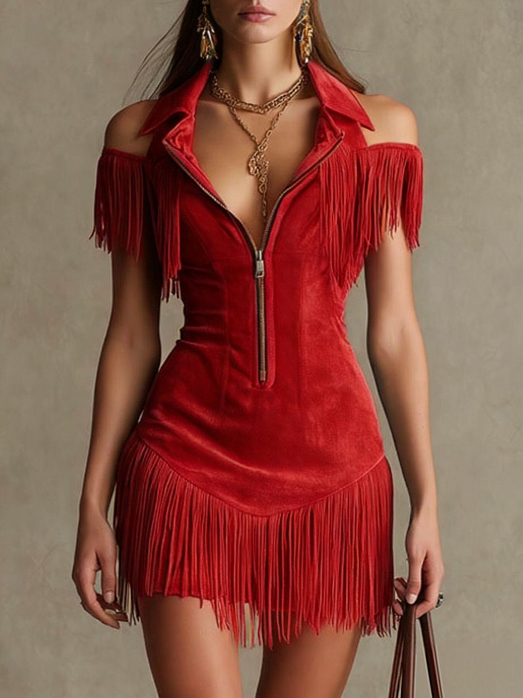 Western-Style Lapel Zipper Tassel Slim-Fit Mini Dress